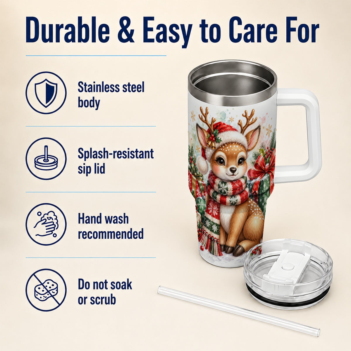 Watercolor Reindeer 40oz Tumbler, Holiday Deer Stainless Steel Travel Cup