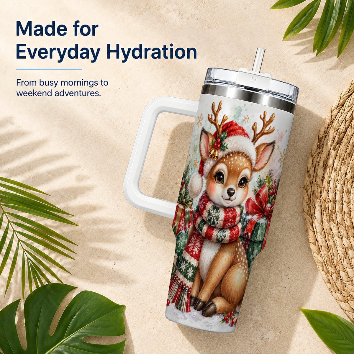 Watercolor Reindeer 40oz Tumbler, Holiday Deer Stainless Steel Travel Cup