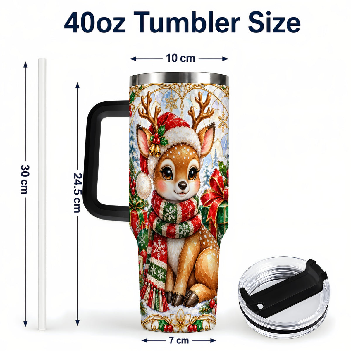 #pl[40oz|Black] Christmas Reindeer 40oz Tumbler with Handle, Holiday Stainless Steel Cup