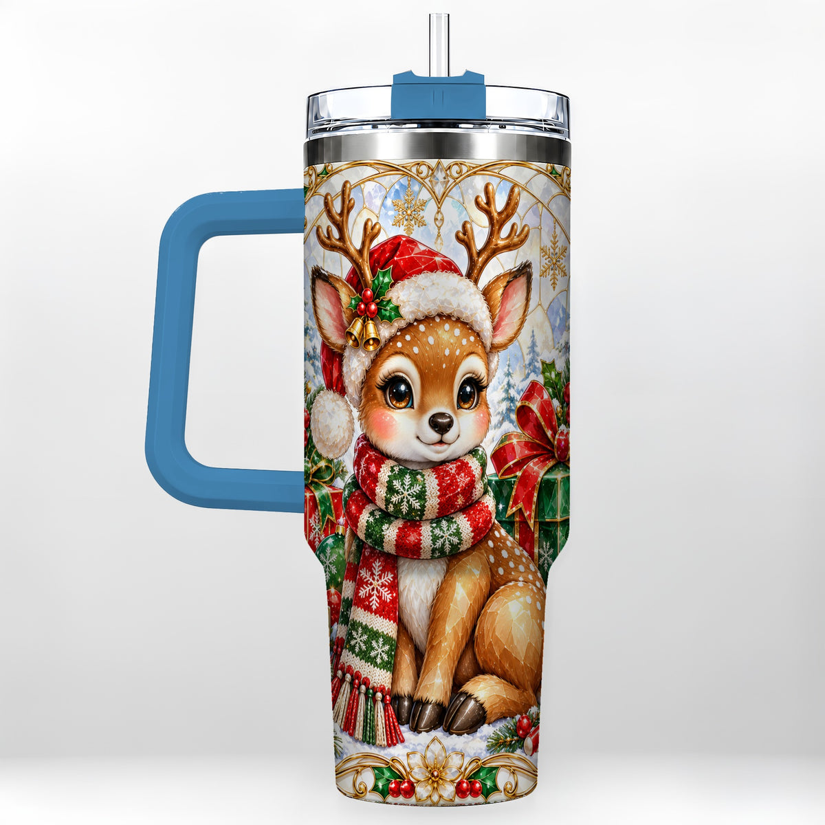 #pl[40oz|Blue] Christmas Reindeer 40oz Tumbler with Handle, Holiday Stainless Steel Cup