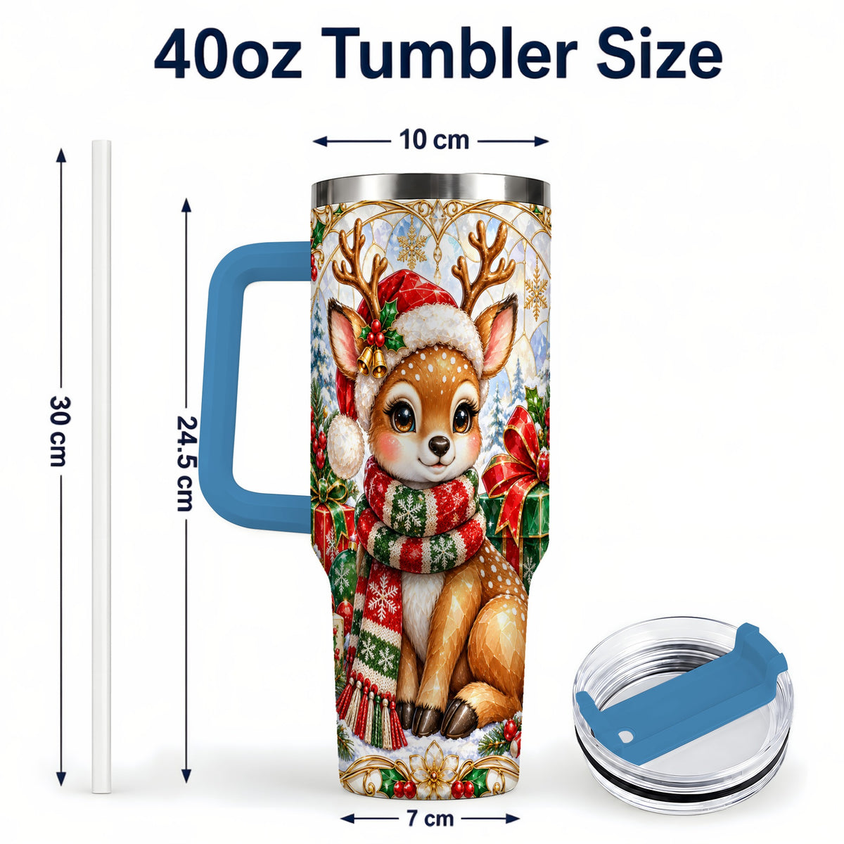 #pl[40oz|Blue] Christmas Reindeer 40oz Tumbler with Handle, Holiday Stainless Steel Cup