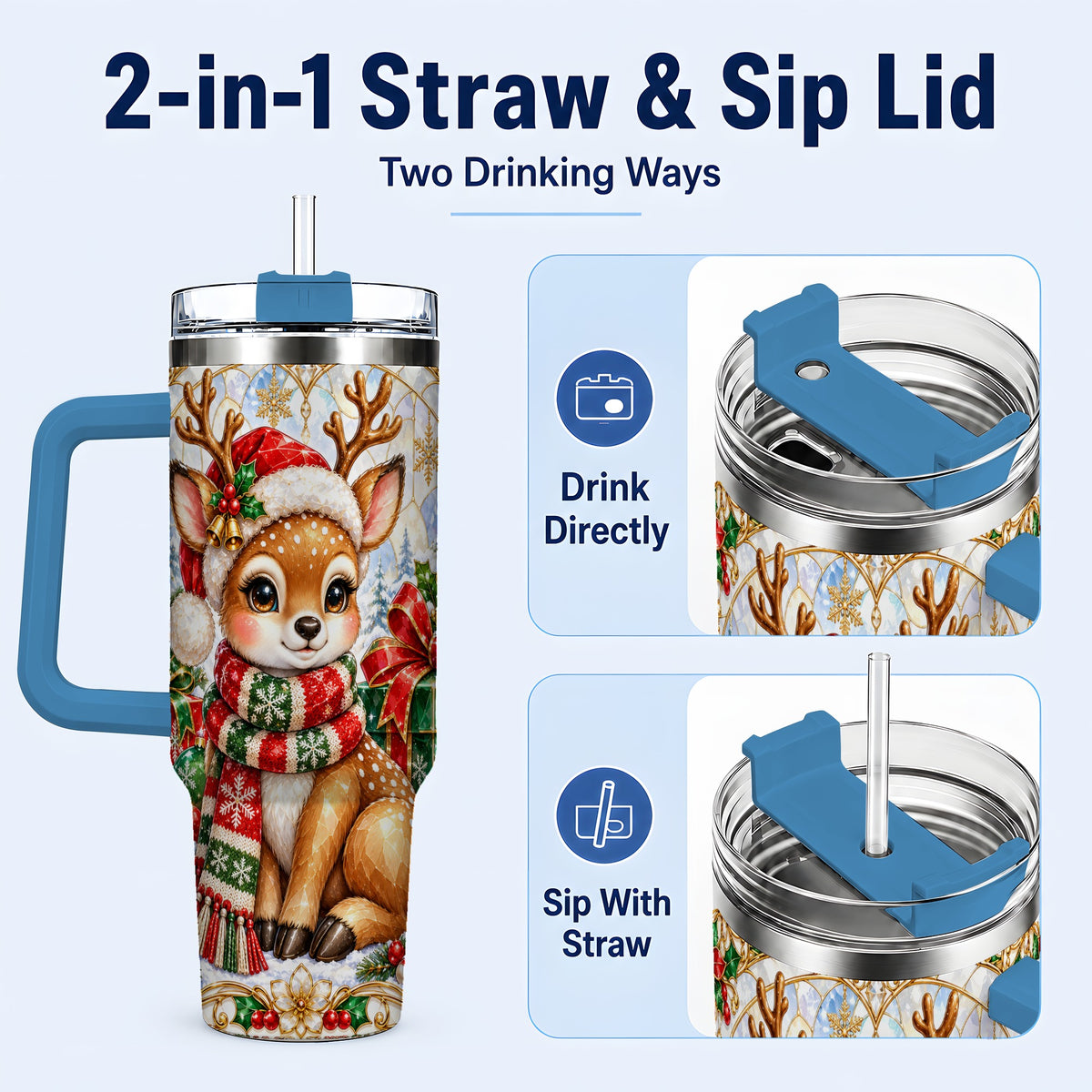 #pl[40oz|Blue] Christmas Reindeer 40oz Tumbler with Handle, Holiday Stainless Steel Cup