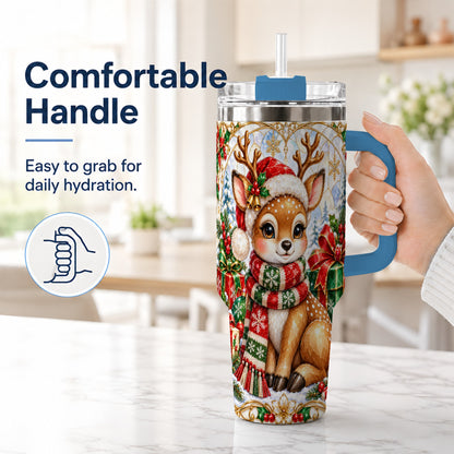 #pl[40oz|Blue] Christmas Reindeer 40oz Tumbler with Handle, Holiday Stainless Steel Cup