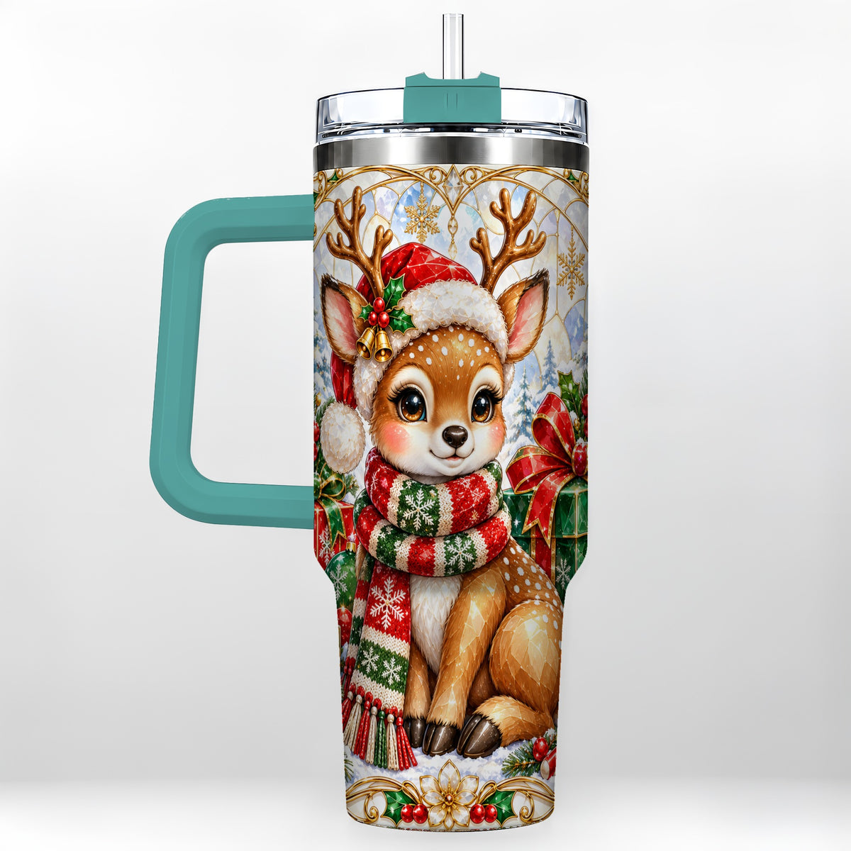 #pl[40oz|Green] Christmas Reindeer 40oz Tumbler with Handle, Holiday Stainless Steel Cup
