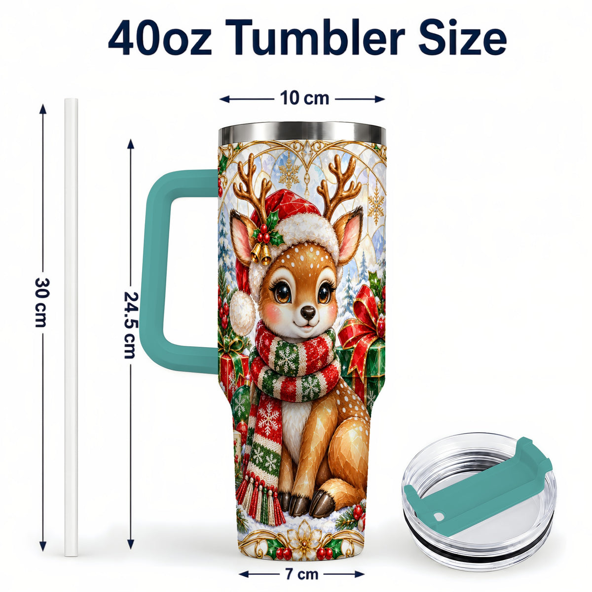 #pl[40oz|Green] Christmas Reindeer 40oz Tumbler with Handle, Holiday Stainless Steel Cup
