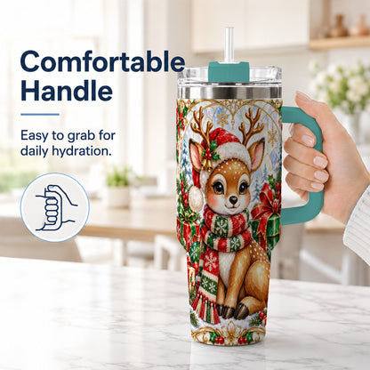 #pl[40oz|Green] Christmas Reindeer 40oz Tumbler with Handle, Holiday Stainless Steel Cup