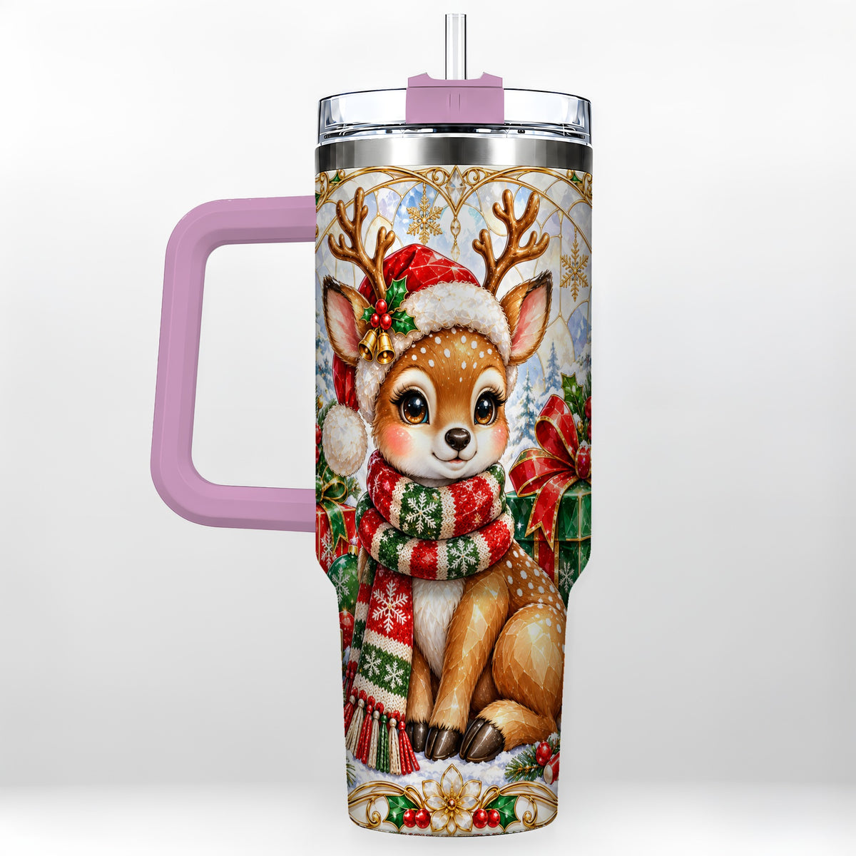 #pl[40oz|Pink] Christmas Reindeer 40oz Tumbler with Handle, Holiday Stainless Steel Cup