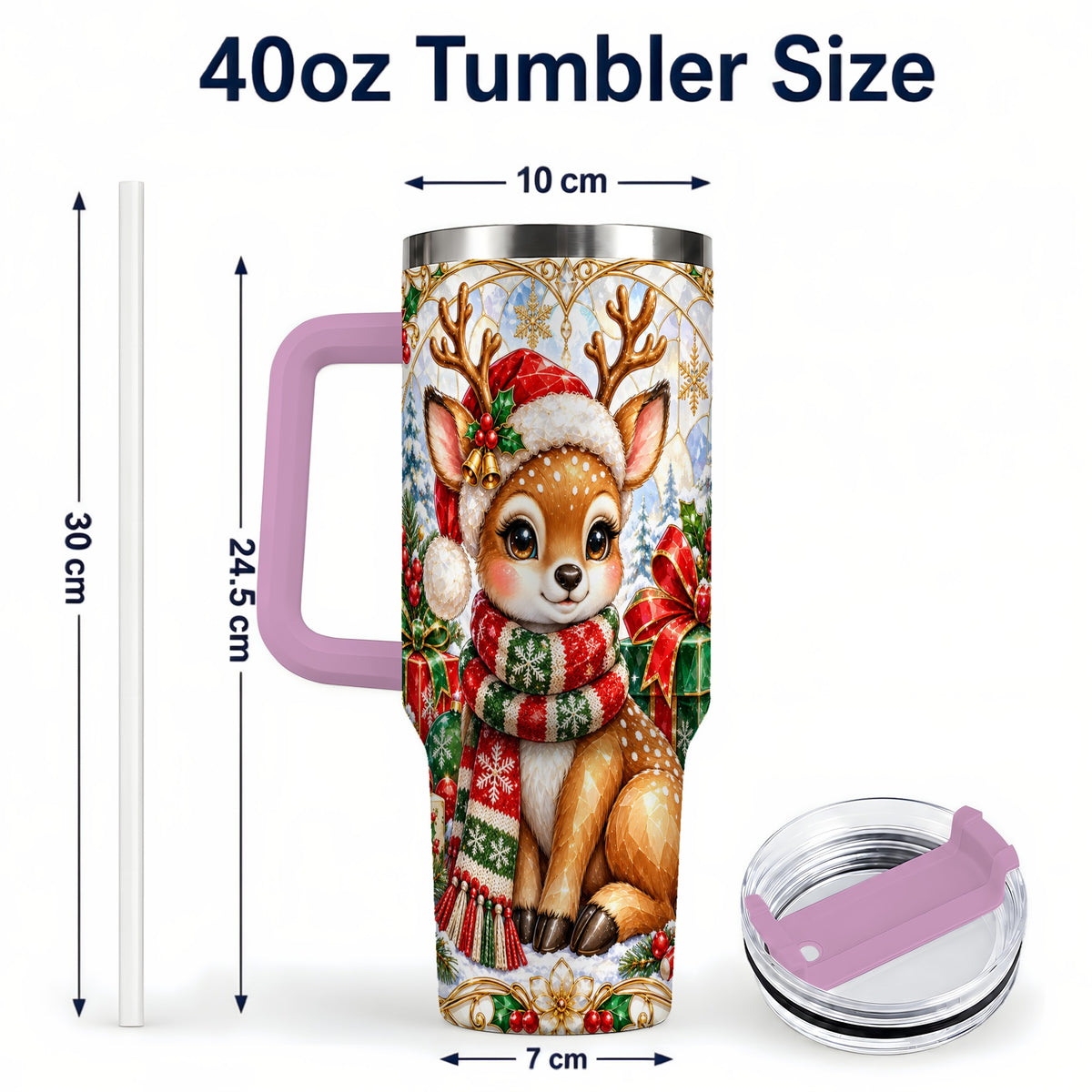 #pl[40oz|Pink] Christmas Reindeer 40oz Tumbler with Handle, Holiday Stainless Steel Cup
