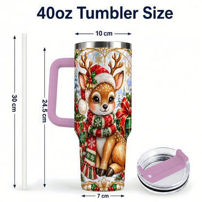 #pl[40oz|Pink] Christmas Reindeer 40oz Tumbler with Handle, Holiday Stainless Steel Cup