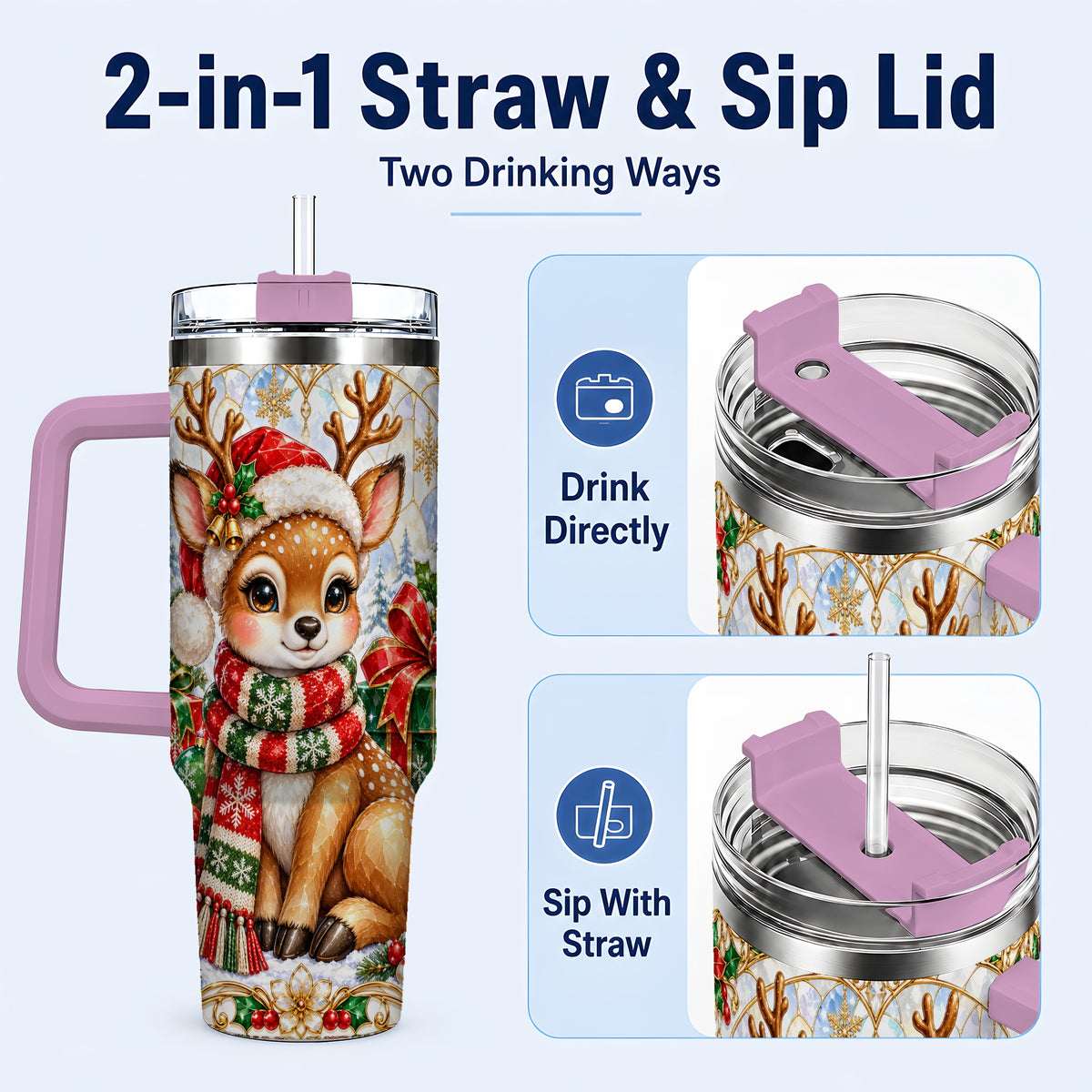 #pl[40oz|Pink] Christmas Reindeer 40oz Tumbler with Handle, Holiday Stainless Steel Cup