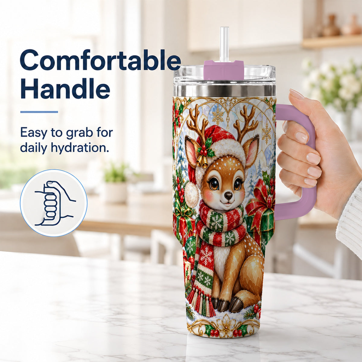 #pl[40oz|Pink] Christmas Reindeer 40oz Tumbler with Handle, Holiday Stainless Steel Cup