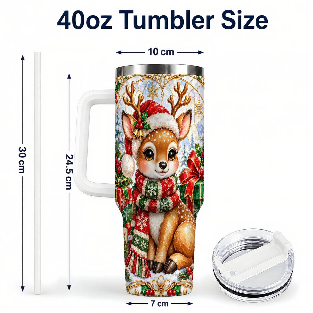 #pl[40oz|White] Christmas Reindeer 40oz Tumbler with Handle, Holiday Stainless Steel Cup