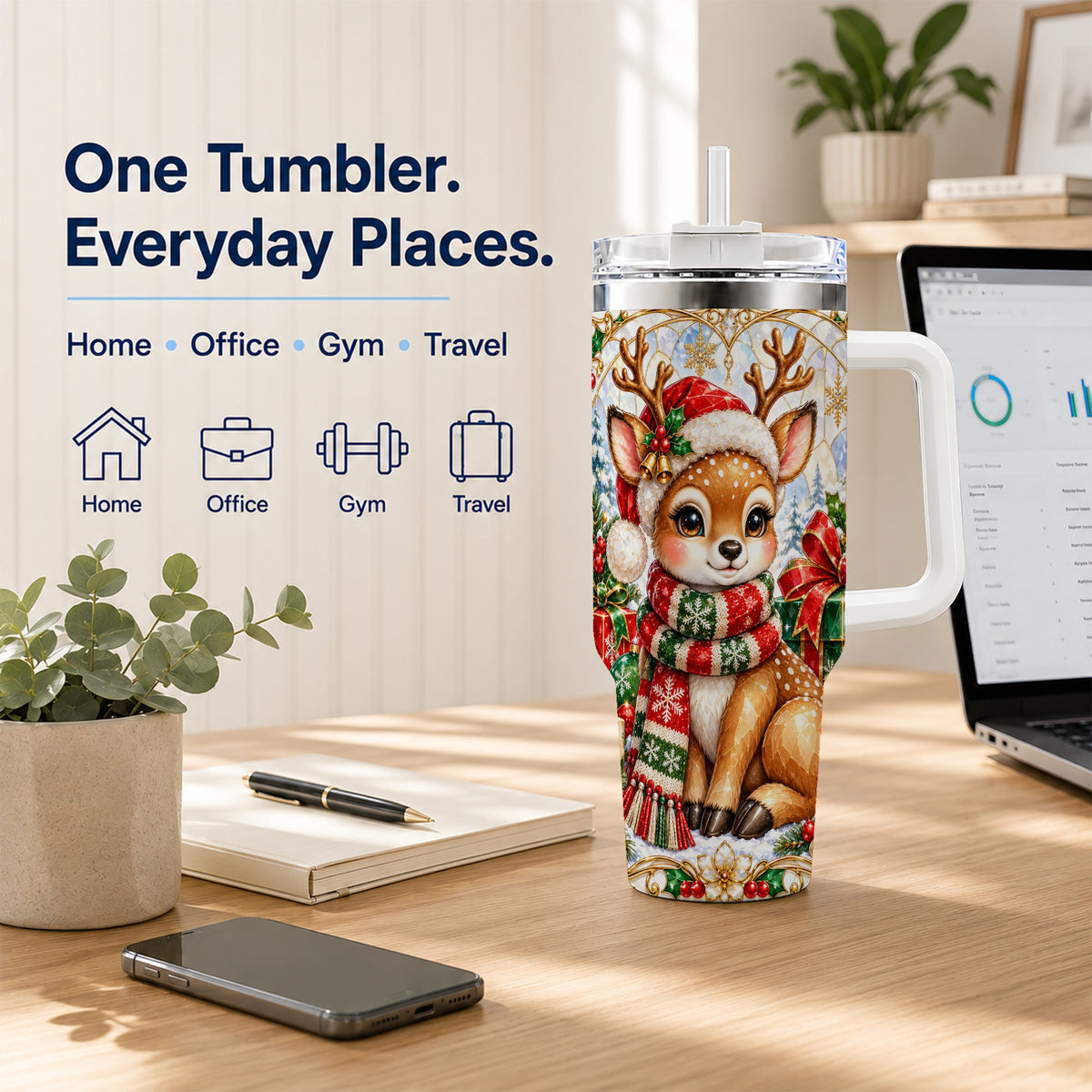Christmas Reindeer 40oz Tumbler with Handle, Holiday Stainless Steel Cup