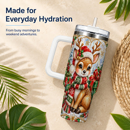 Christmas Reindeer 40oz Tumbler with Handle, Holiday Stainless Steel Cup