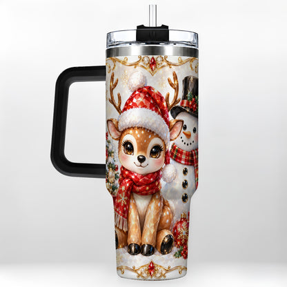 #pl[40oz|Black] Reindeer Snowman 40oz Tumbler with Handle, Holiday Stainless Steel Cup
