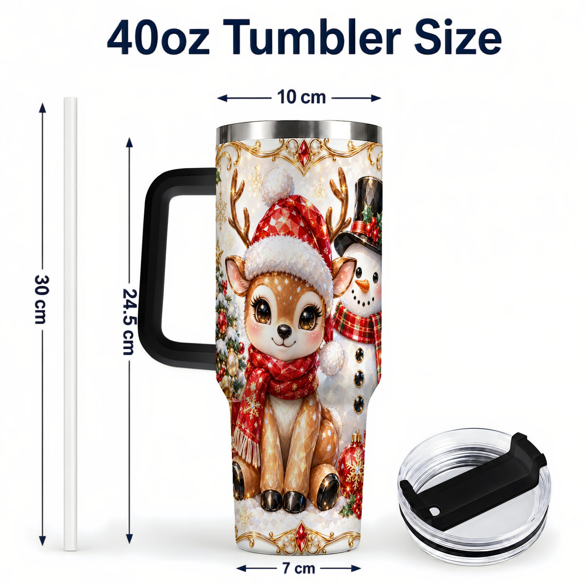 #pl[40oz|Black] Reindeer Snowman 40oz Tumbler with Handle, Holiday Stainless Steel Cup