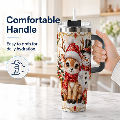 #pl[40oz|Black] Reindeer Snowman 40oz Tumbler with Handle, Holiday Stainless Steel Cup