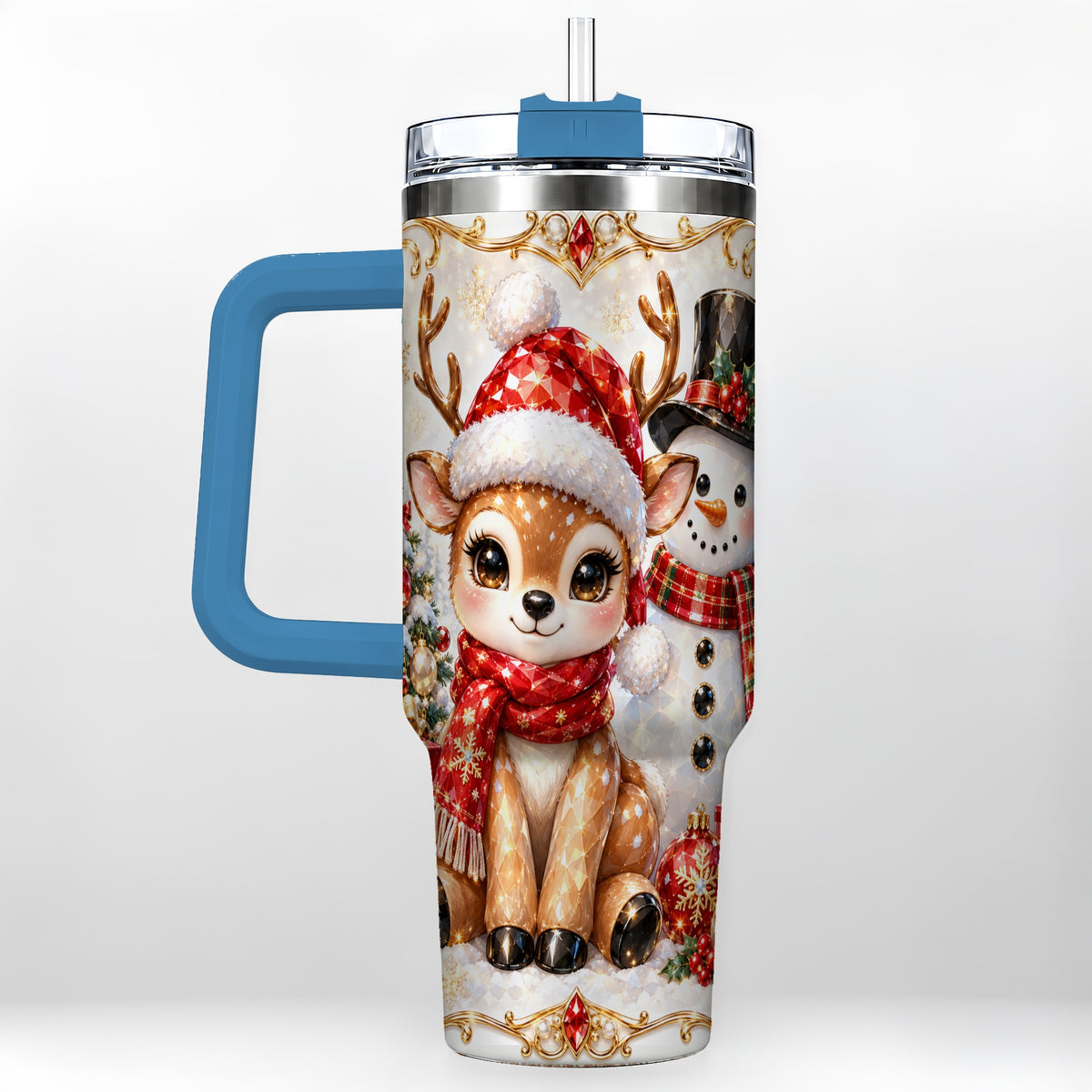 #pl[40oz|Blue] Reindeer Snowman 40oz Tumbler with Handle, Holiday Stainless Steel Cup