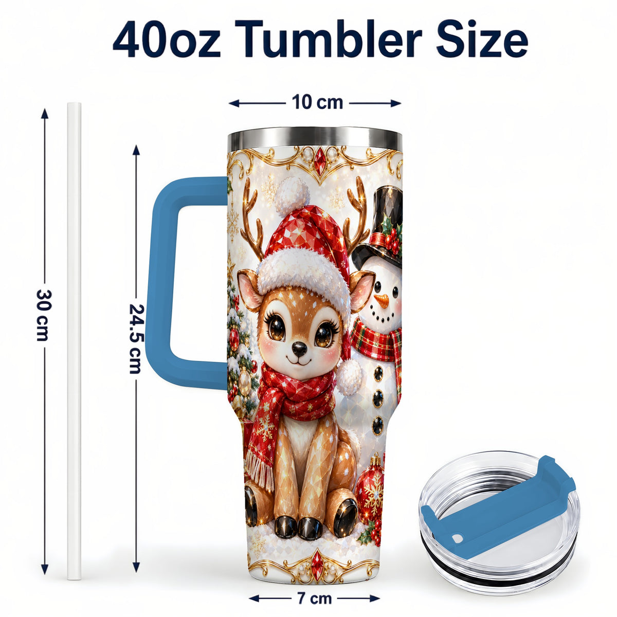 #pl[40oz|Blue] Reindeer Snowman 40oz Tumbler with Handle, Holiday Stainless Steel Cup