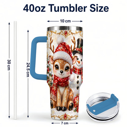 #pl[40oz|Blue] Reindeer Snowman 40oz Tumbler with Handle, Holiday Stainless Steel Cup