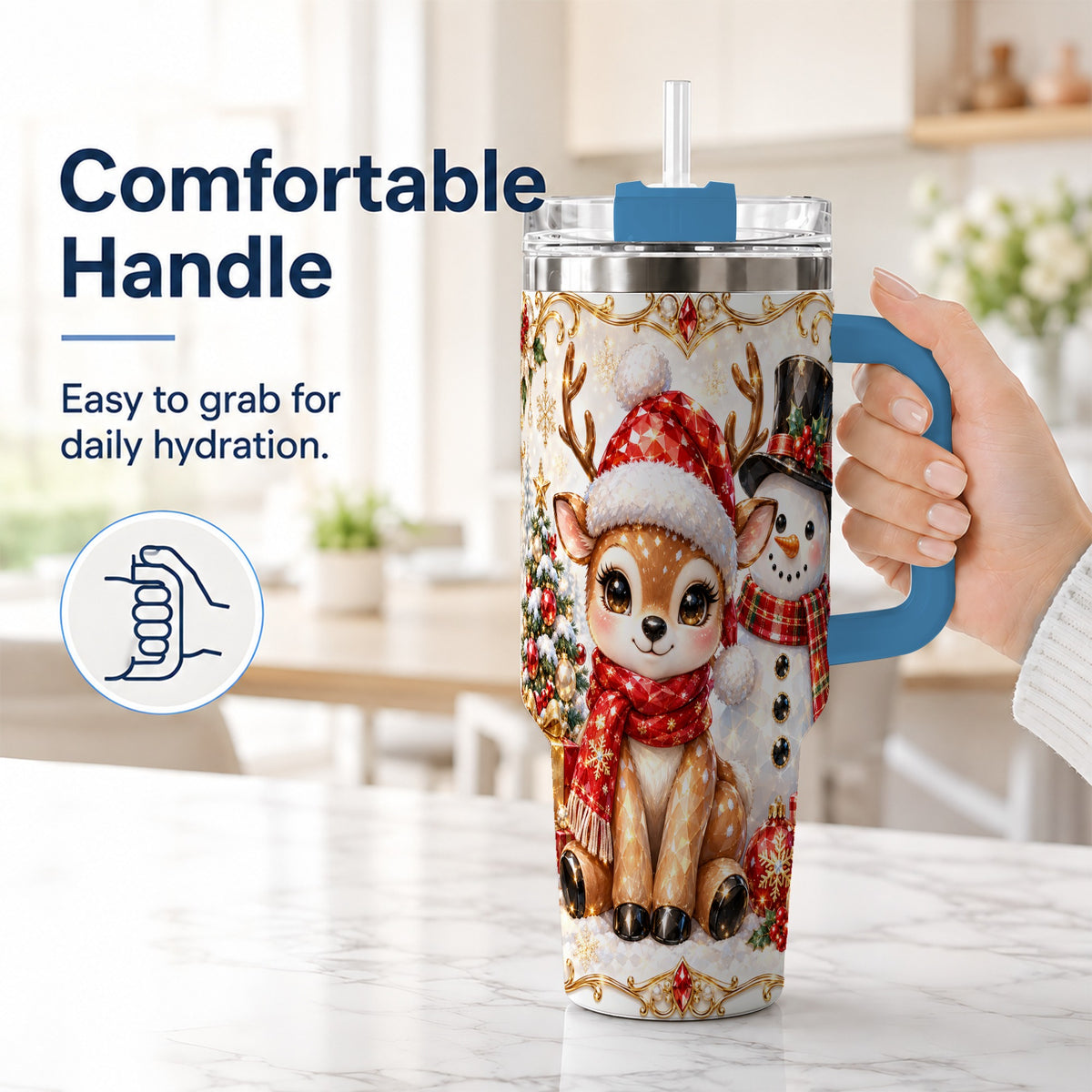 #pl[40oz|Blue] Reindeer Snowman 40oz Tumbler with Handle, Holiday Stainless Steel Cup