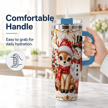 #pl[40oz|Blue] Reindeer Snowman 40oz Tumbler with Handle, Holiday Stainless Steel Cup