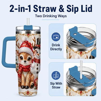 #pl[40oz|Blue] Reindeer Snowman 40oz Tumbler with Handle, Holiday Stainless Steel Cup