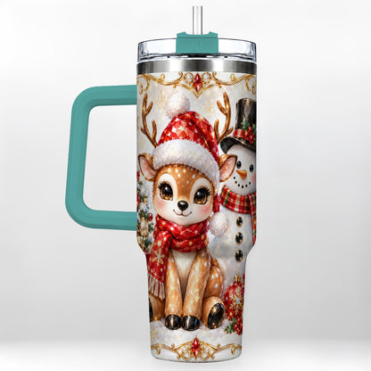 #pl[40oz|Green] Reindeer Snowman 40oz Tumbler with Handle, Holiday Stainless Steel Cup