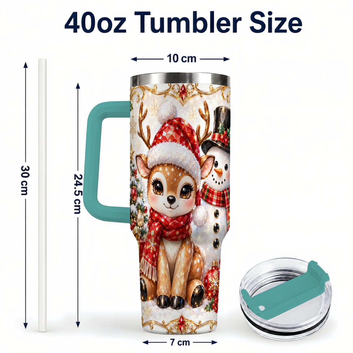 #pl[40oz|Green] Reindeer Snowman 40oz Tumbler with Handle, Holiday Stainless Steel Cup