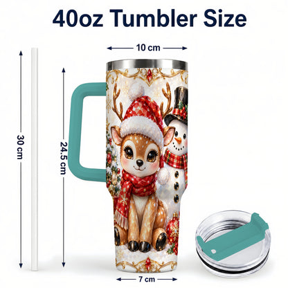 #pl[40oz|Green] Reindeer Snowman 40oz Tumbler with Handle, Holiday Stainless Steel Cup