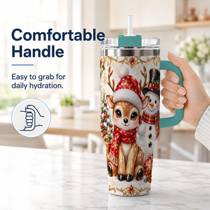 #pl[40oz|Green] Reindeer Snowman 40oz Tumbler with Handle, Holiday Stainless Steel Cup