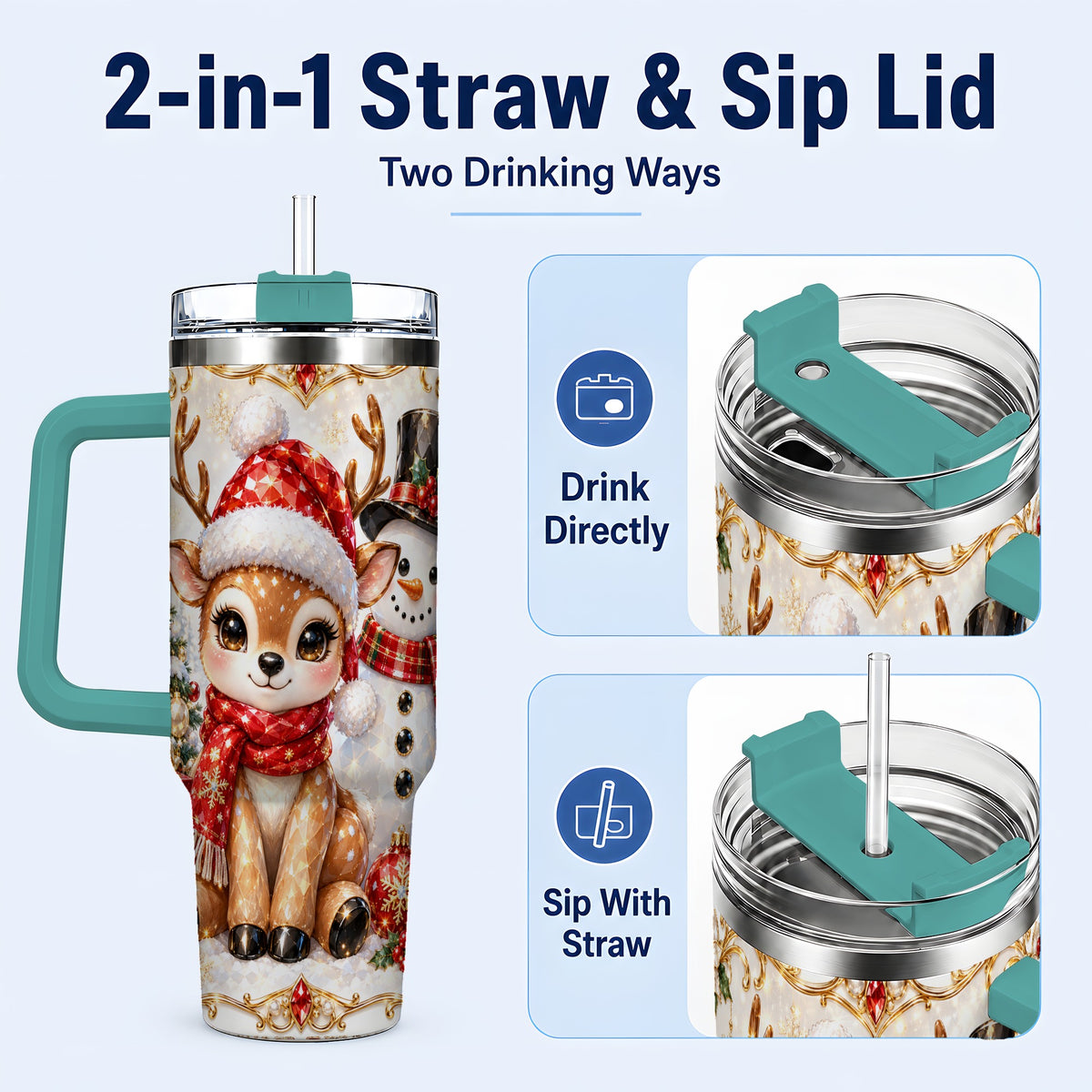 #pl[40oz|Green] Reindeer Snowman 40oz Tumbler with Handle, Holiday Stainless Steel Cup