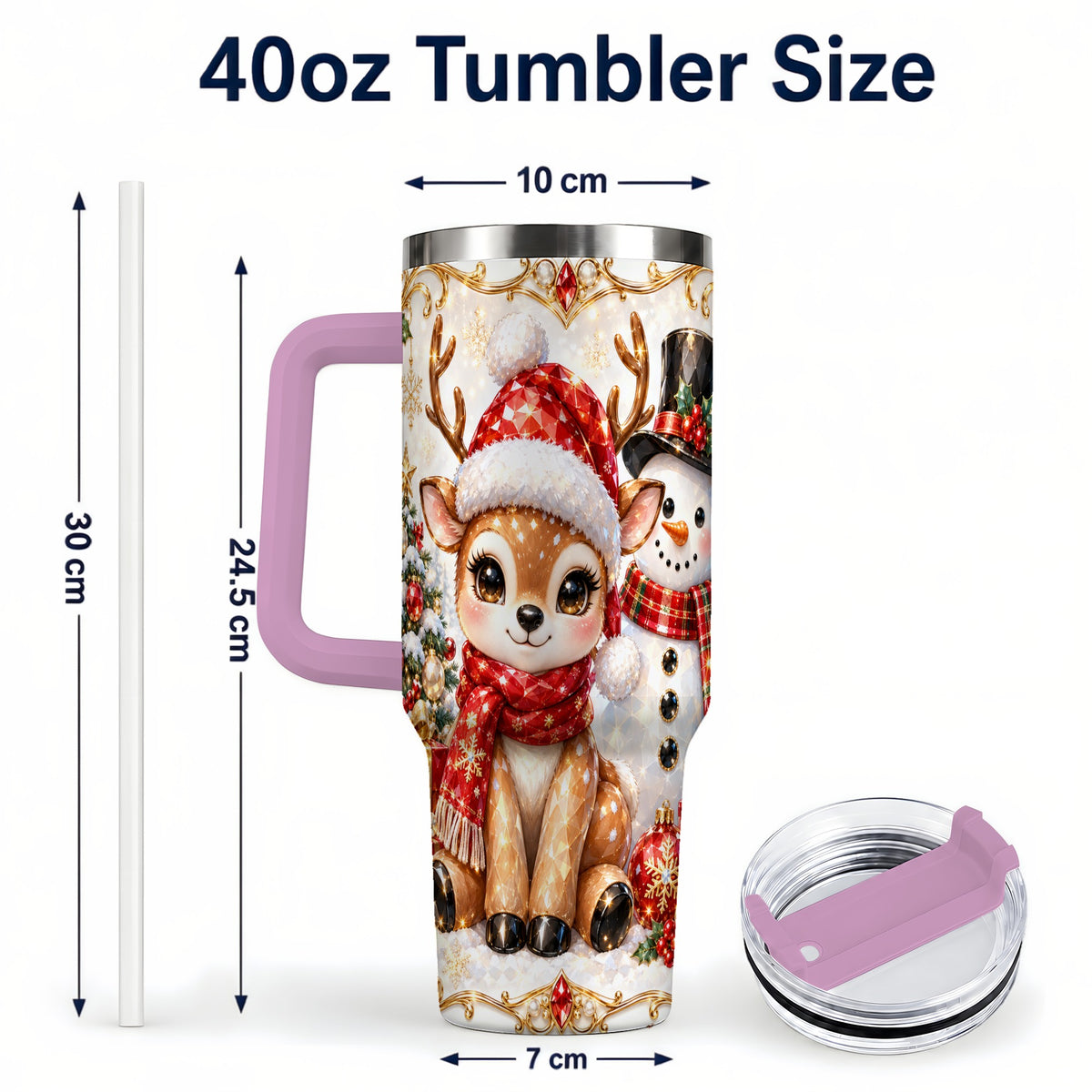 #pl[40oz|Pink] Reindeer Snowman 40oz Tumbler with Handle, Holiday Stainless Steel Cup