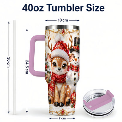 #pl[40oz|Pink] Reindeer Snowman 40oz Tumbler with Handle, Holiday Stainless Steel Cup