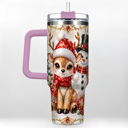 #pl[40oz|Pink] Reindeer Snowman 40oz Tumbler with Handle, Holiday Stainless Steel Cup