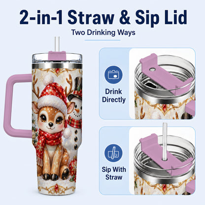 #pl[40oz|Pink] Reindeer Snowman 40oz Tumbler with Handle, Holiday Stainless Steel Cup
