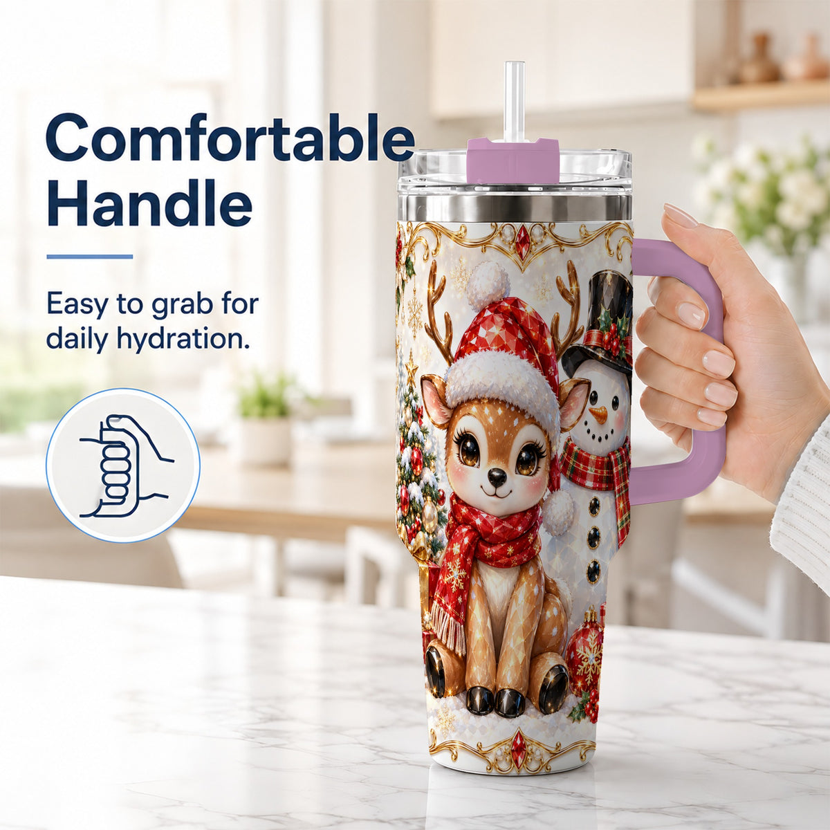#pl[40oz|Pink] Reindeer Snowman 40oz Tumbler with Handle, Holiday Stainless Steel Cup