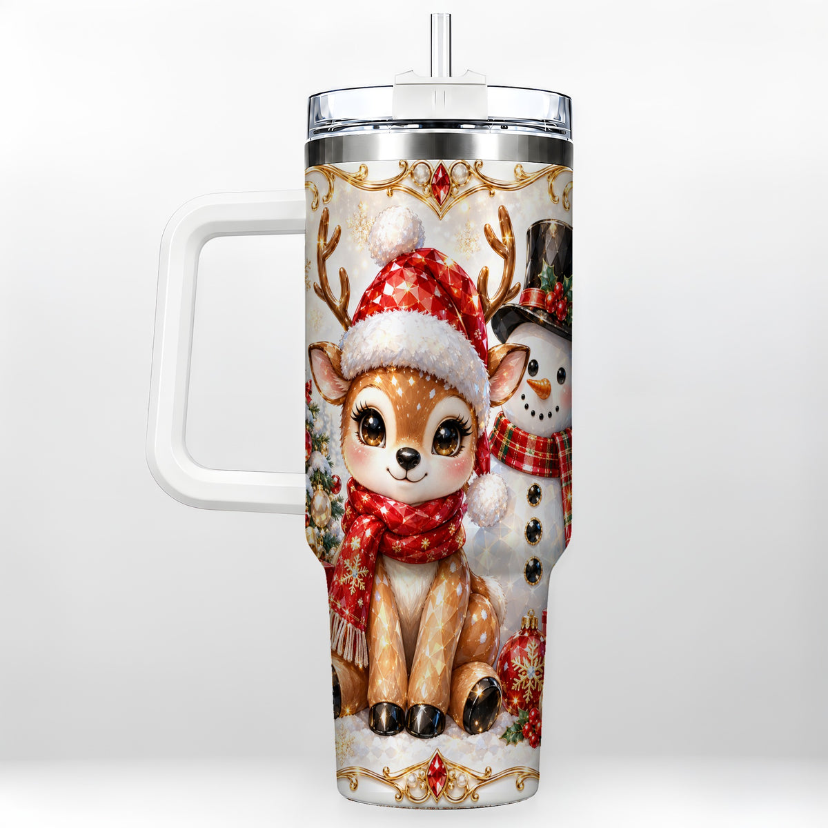 Reindeer Snowman 40oz Tumbler with Handle, Holiday Stainless Steel Cup