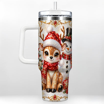 Reindeer Snowman 40oz Tumbler with Handle, Holiday Stainless Steel Cup