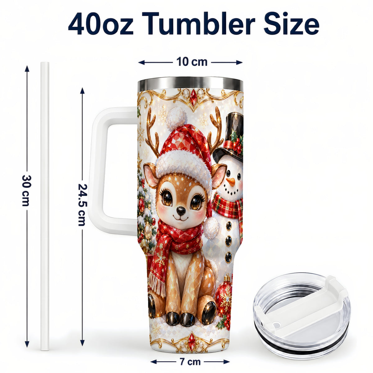 #pl[40oz|White] Reindeer Snowman 40oz Tumbler with Handle, Holiday Stainless Steel Cup