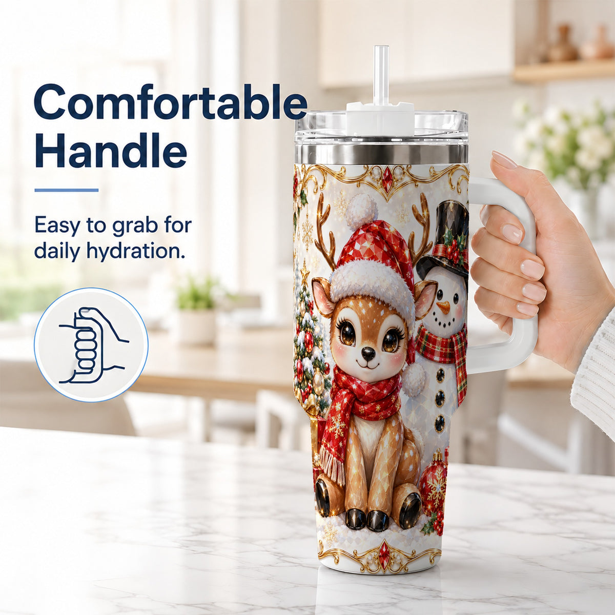 #pl[40oz|White] Reindeer Snowman 40oz Tumbler with Handle, Holiday Stainless Steel Cup