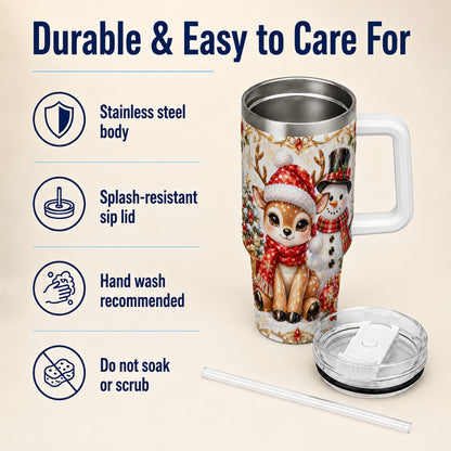 Reindeer Snowman 40oz Tumbler with Handle, Holiday Stainless Steel Cup