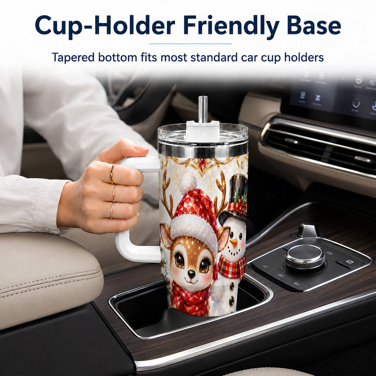 Reindeer Snowman 40oz Tumbler with Handle, Holiday Stainless Steel Cup