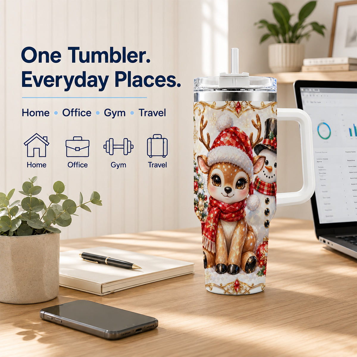 Reindeer Snowman 40oz Tumbler with Handle, Holiday Stainless Steel Cup