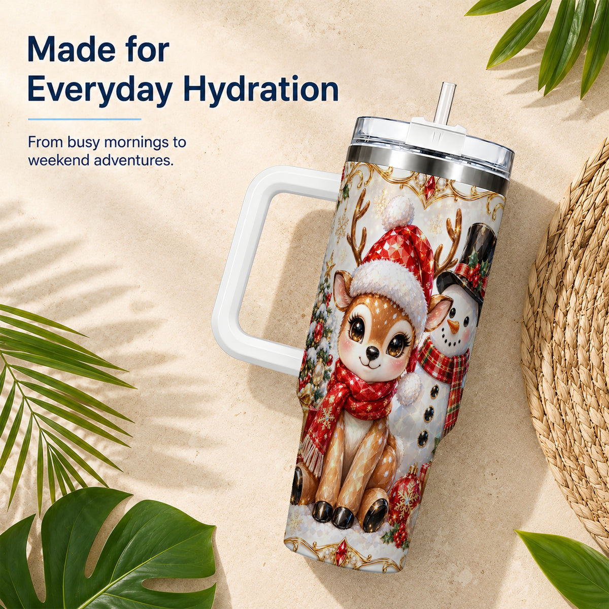 Reindeer Snowman 40oz Tumbler with Handle, Holiday Stainless Steel Cup