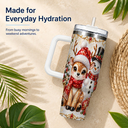 Reindeer Snowman 40oz Tumbler with Handle, Holiday Stainless Steel Cup