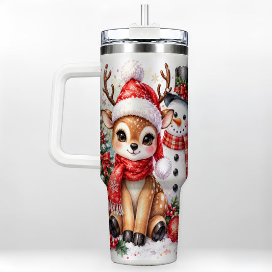 Watercolor Reindeer 40oz Tumbler with Handle, Snowman Stainless Steel Cup