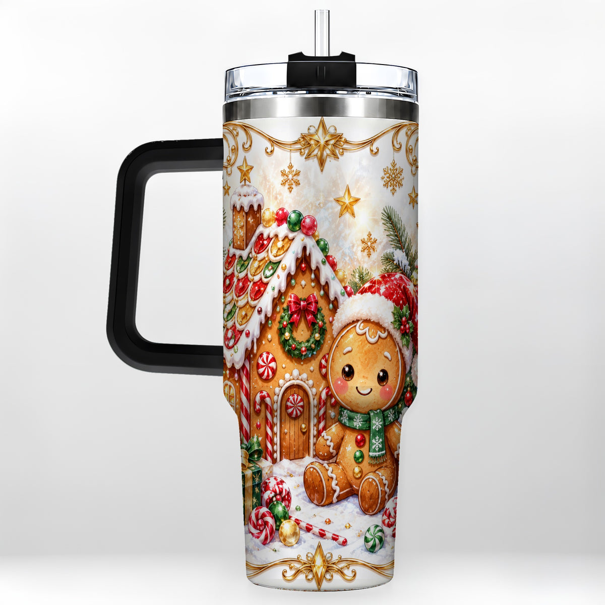 #pl[40oz|Black] Gingerbread 40oz Tumbler with Handle, Cookie House Stainless Steel Cup