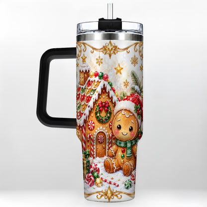 #pl[40oz|Black] Gingerbread 40oz Tumbler with Handle, Cookie House Stainless Steel Cup