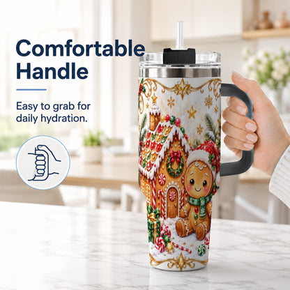 #pl[40oz|Black] Gingerbread 40oz Tumbler with Handle, Cookie House Stainless Steel Cup